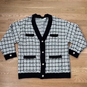 Zara Black and White Checkered Tweed Cardigan Large